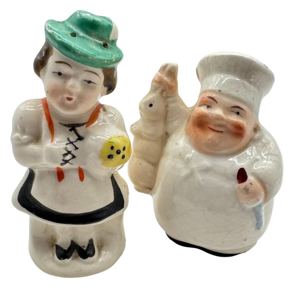Vintage Chef & Maid Ceramic Salt & Pepper Shakers Set Japan Hand-Painted
